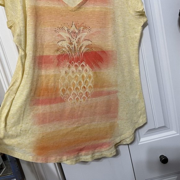 One World Sheer Top T Shirt Pineapple Embellished Yellow Orange Tropical Summer - Picture 5 of 8